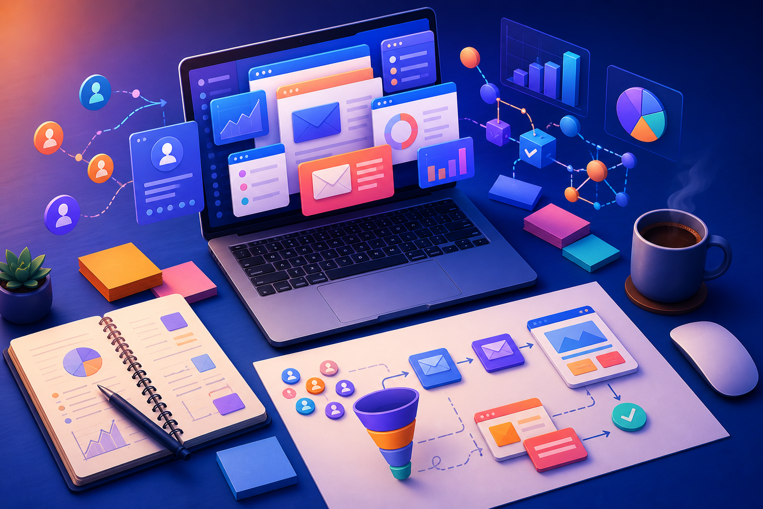 best email marketing platforms for affiliate marketers with broadcast and automation support — A wide-angle overhead shot of a marketer's desk showing a laptop with multiple browser tabs open, a printed funnel di...