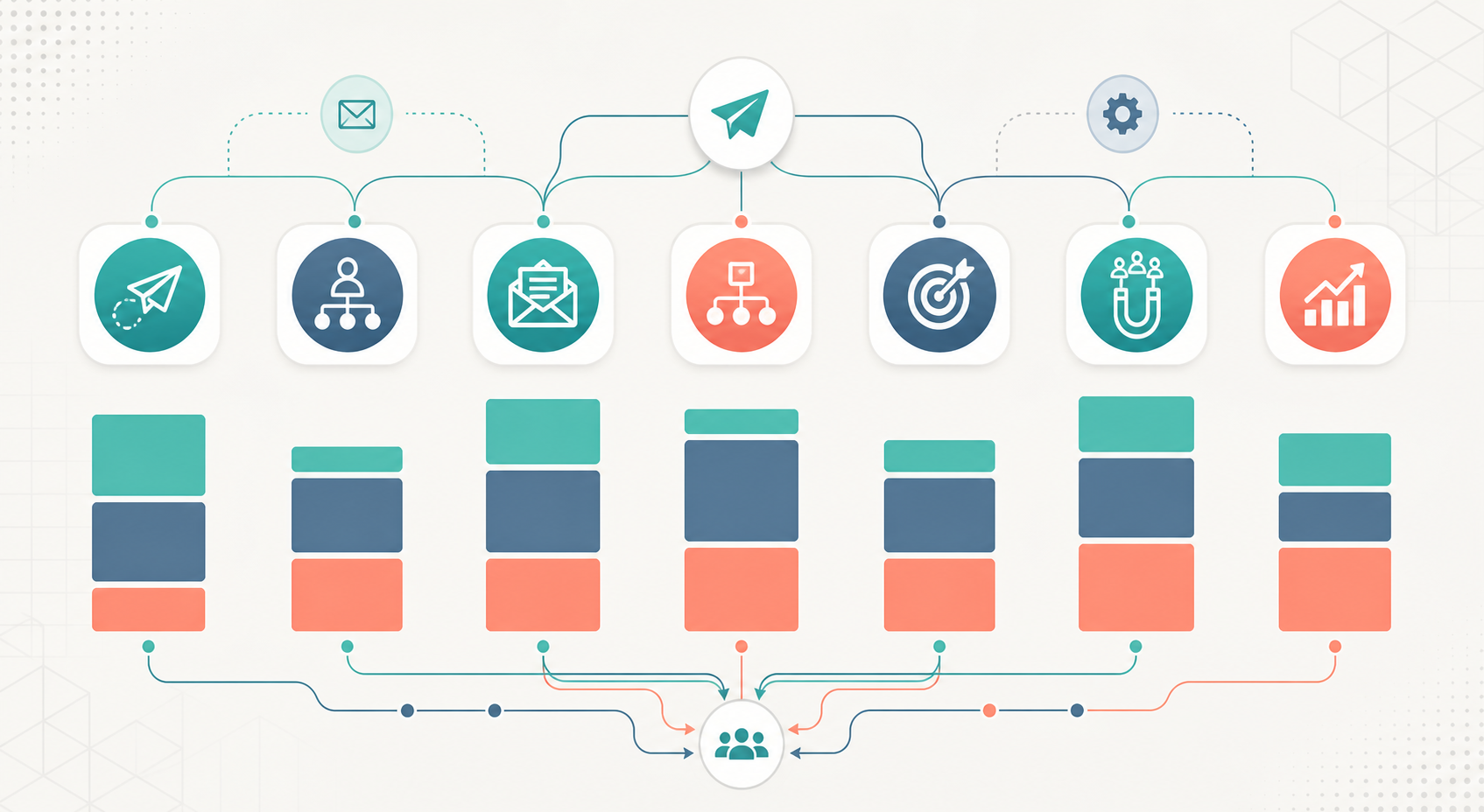 best email marketing platforms for affiliate marketers with broadcast and automation support — A horizontal comparison chart rendered as a visual grid—seven platform icons arranged in a row at the top, with color...