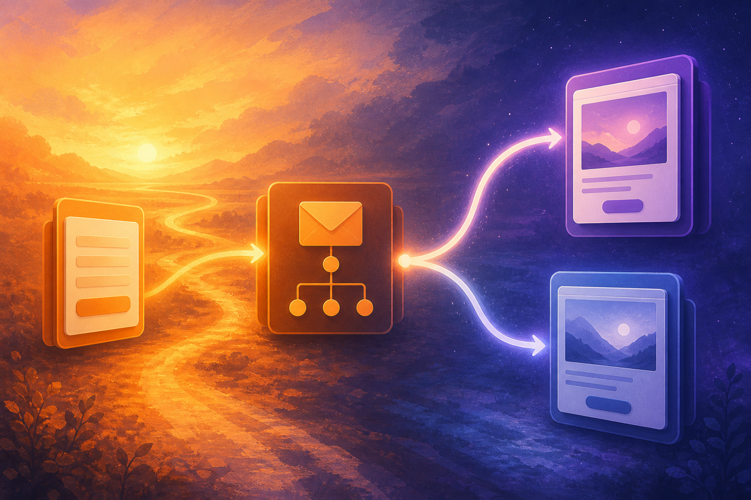best email marketing platforms for affiliate marketers with broadcast and automation support — A bird's-eye view of a clean, organized marketing stack diagram—three distinct platform boxes connected by smooth cur...