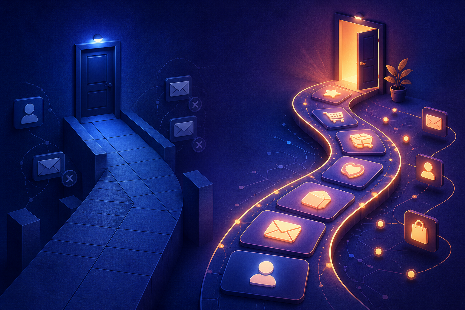 email welcome sequence automation for affiliate product launches — A wide-angle visual showing two separate email funnel paths side by side—one path depicted as a straight corridor lea...