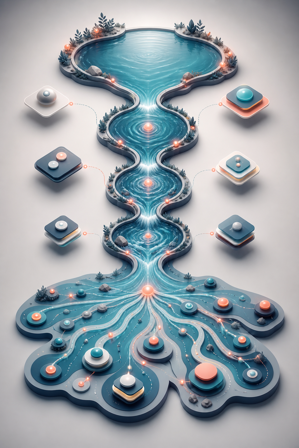 email welcome sequence automation for affiliate product launches — A bird's-eye view process diagram showing a five-step email sequence as a flowing river with distinct pools at each s...