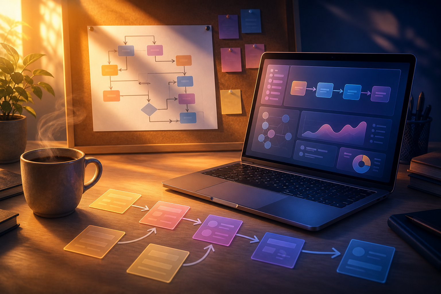 email welcome sequence automation for affiliate product launches — A close-up of a well-organized physical desk workspace showing a printed email sequence flowchart pinned to a corkboa...