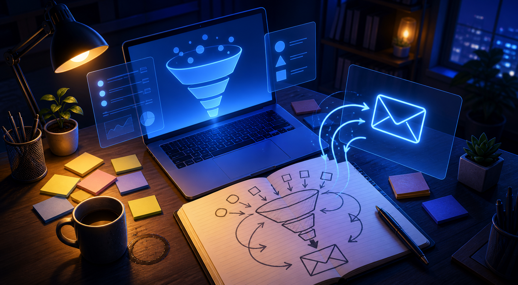 email follow-up sequence that recovered abandoned funnel leads for a $47 digital product launch — A wide-angle scene of a dimly lit home office at night, with a glowing laptop screen casting blue light across a clut...