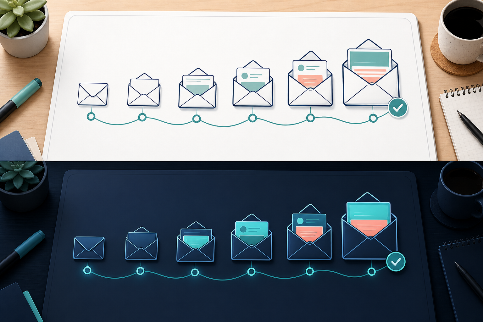 email follow-up sequence that recovered abandoned funnel leads for a $47 digital product launch — A close-up, bird's-eye view of a clean whiteboard or large notepad laid flat on a wooden desk, showing a hand-drawn s...