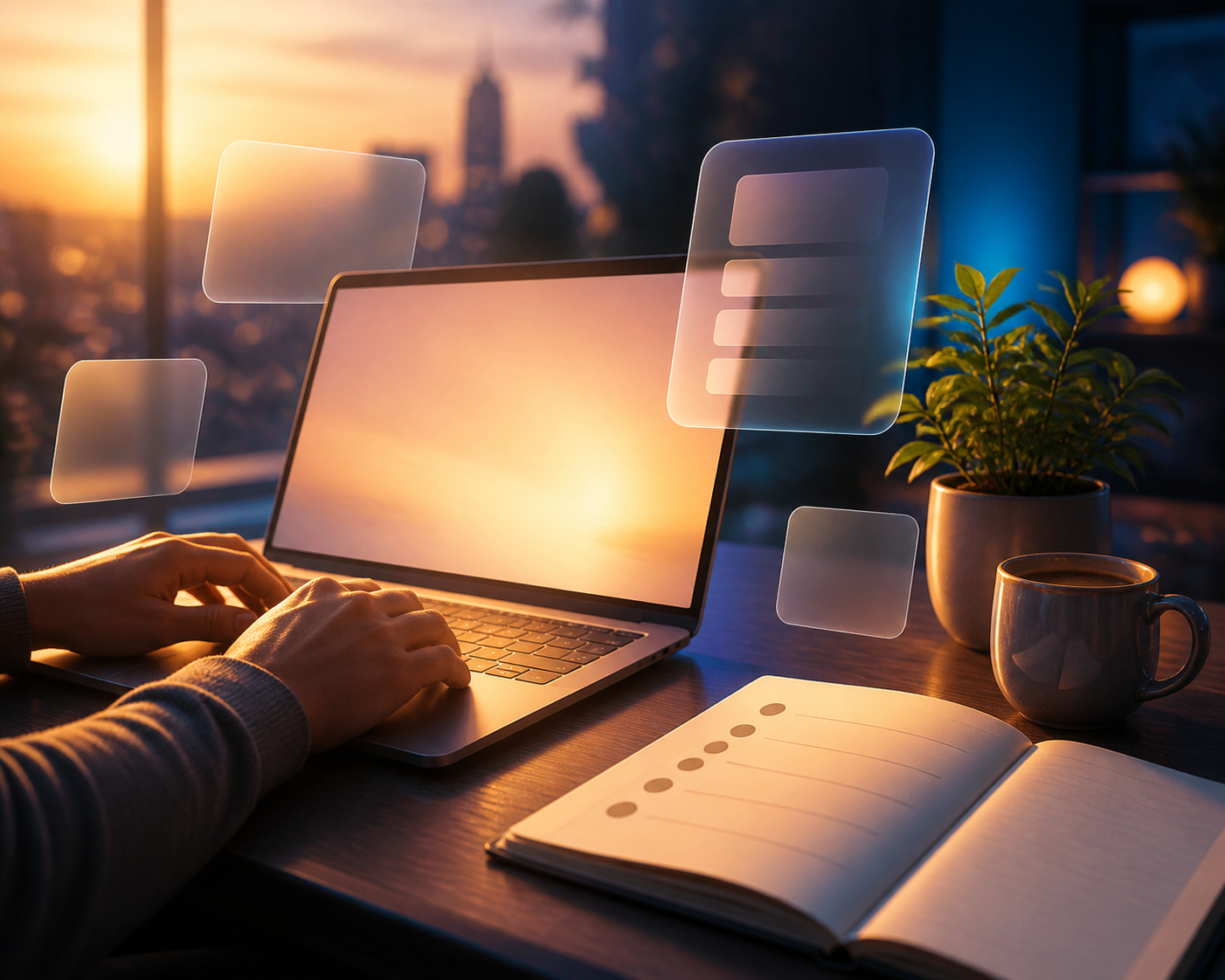 email follow-up sequence that recovered abandoned funnel leads for a $47 digital product launch — A warm, forward-looking scene of a person's hands resting comfortably on an open laptop, the screen softly glowing, w...