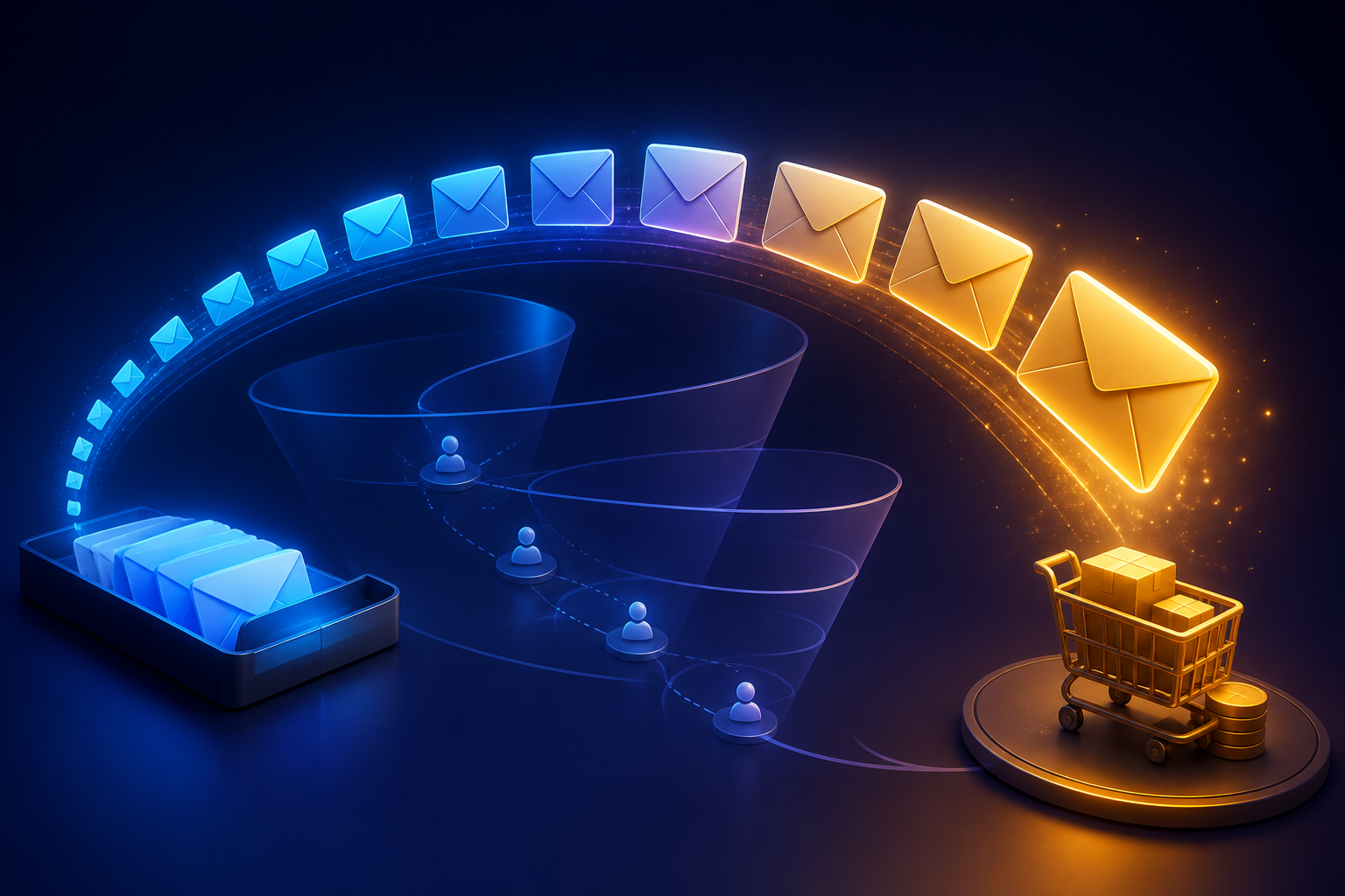 email follow-up sequence length for digital product affiliate offers — A wide-shot conceptual illustration showing an email inbox with a series of envelopes arranged in a flowing arc, tran...