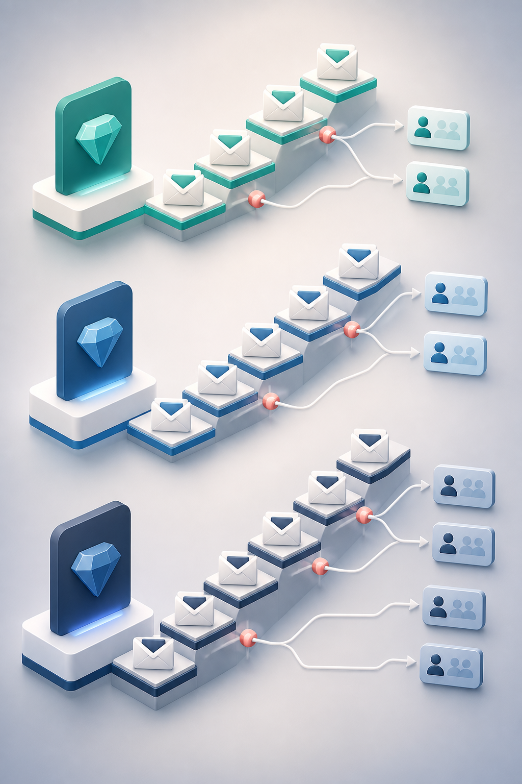 email follow-up sequence length for digital product affiliate offers — A vertical process diagram showing three horizontal tiers—each tier depicting a different offer price bracket represe...