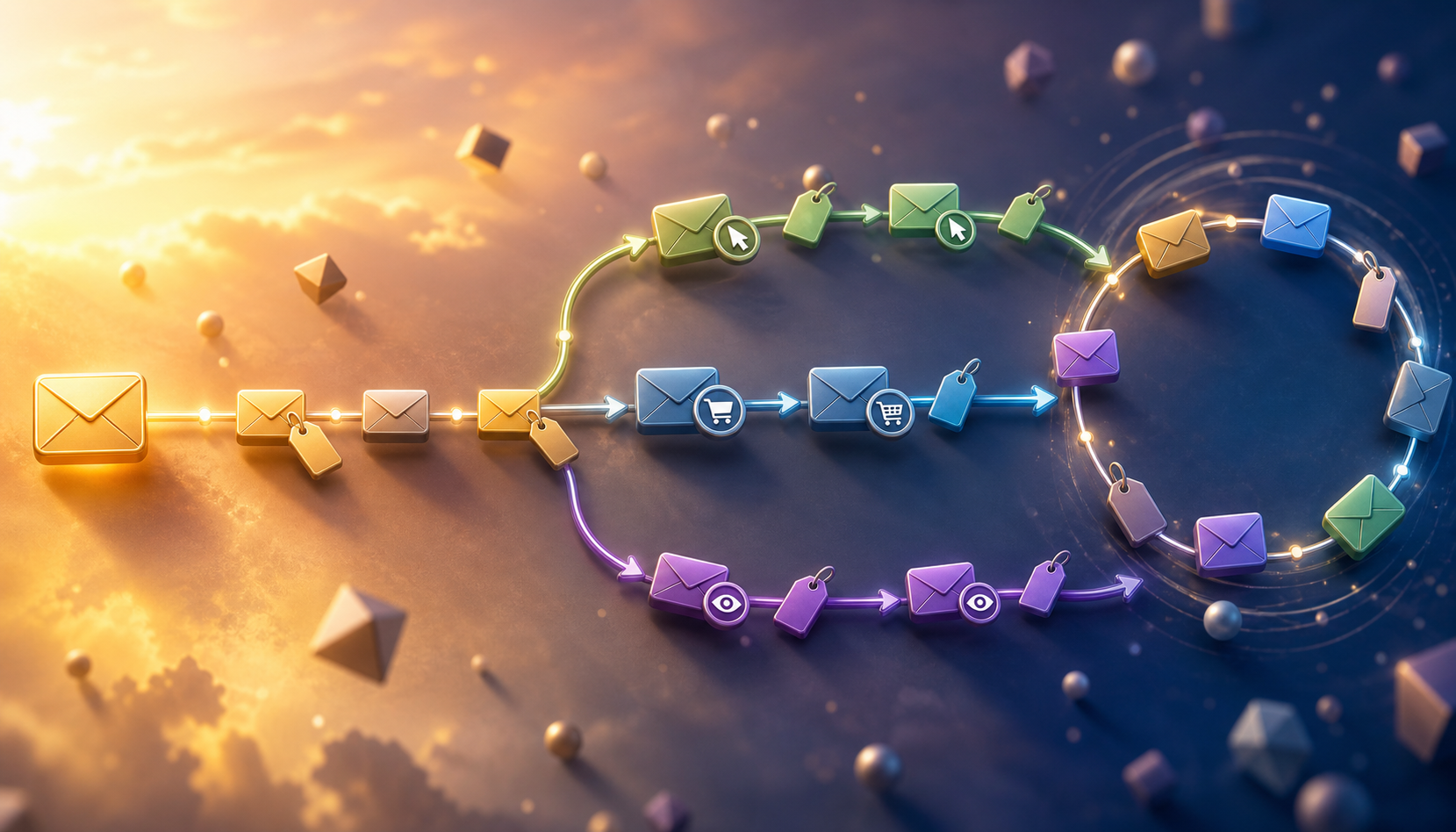 email follow-up sequence length for digital product affiliate offers — A bird's-eye view of a clean email sequence workflow diagram laid out as a horizontal timeline with branching paths—s...