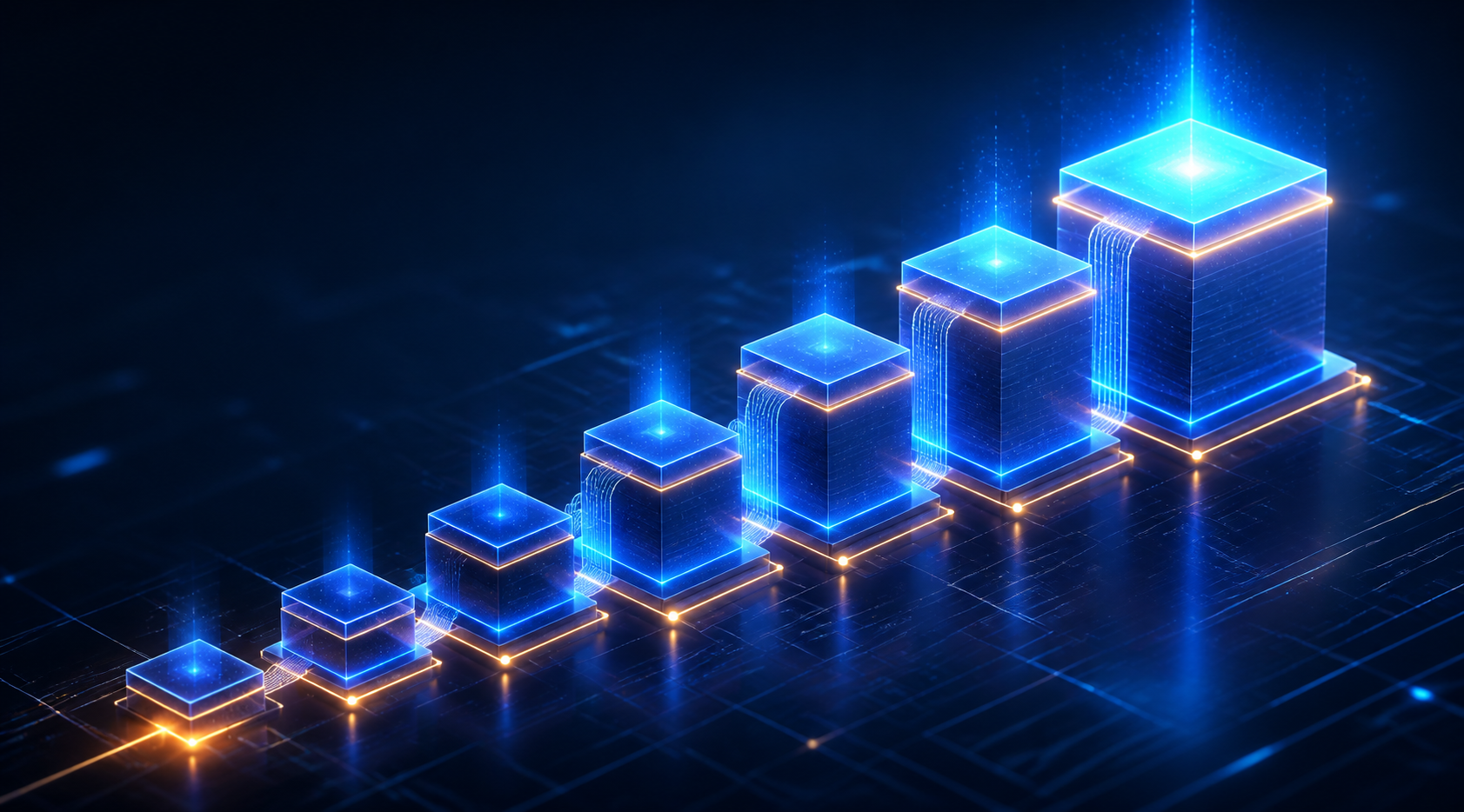 high-ticket affiliate offer stacking for email sequences — A wide overhead shot of a structured staircase made of glowing digital blocks, each block progressively taller and br...
