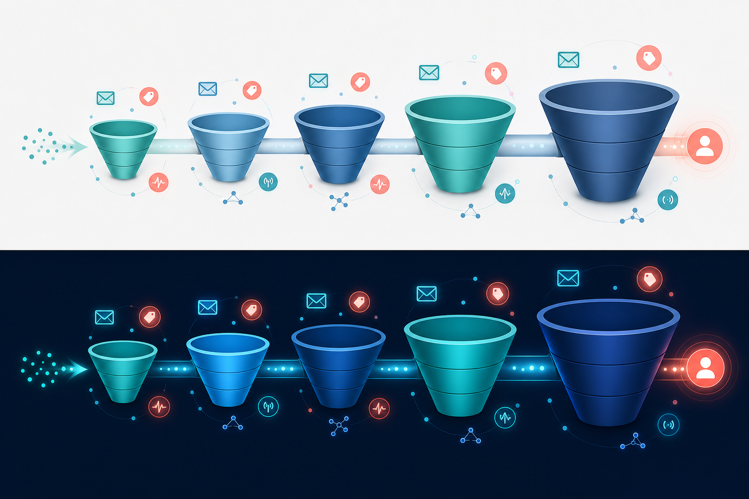 high-ticket affiliate offer stacking for email sequences — A horizontal flow diagram showing five interconnected funnel stages visualized as progressively larger funnel shapes ...