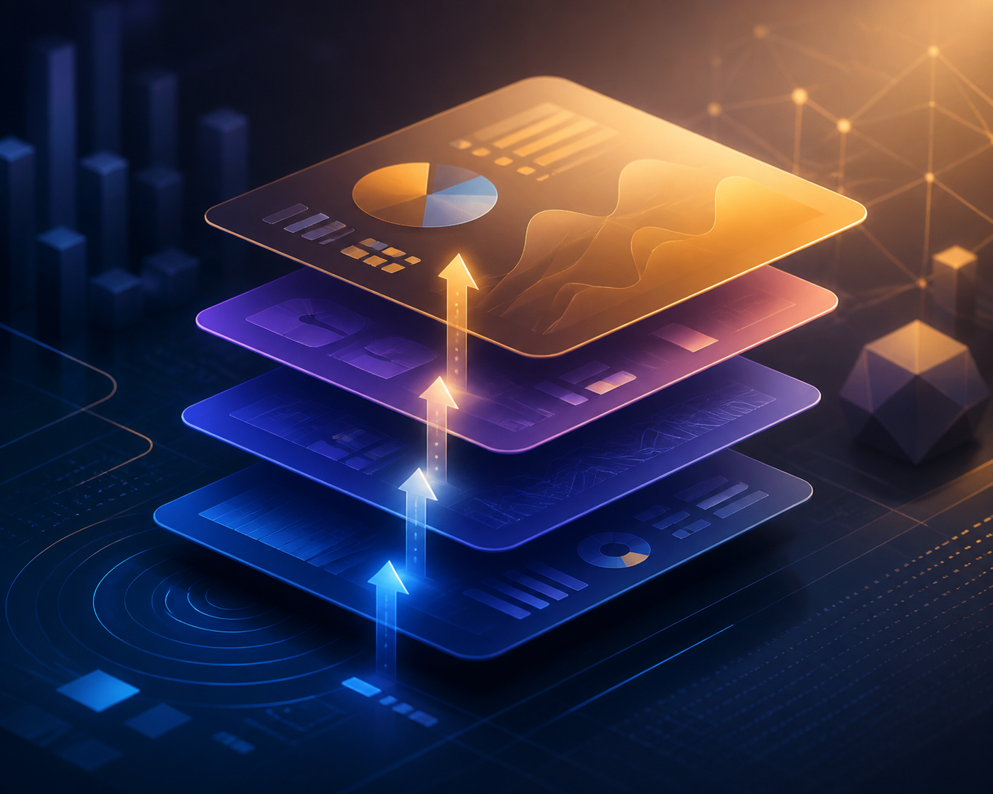 high-ticket affiliate offer stacking for email sequences — A close-up, angled view of a layered dashboard interface showing multiple stacked cards arranged in a cascading patte...