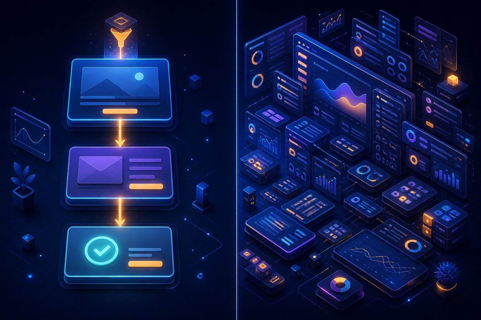 GoHighLevel vs ClickFunnels for affiliate marketing funnels 2026 — A split-screen composition showing two distinct digital workspaces side by side — on the left, a clean, minimal funne...