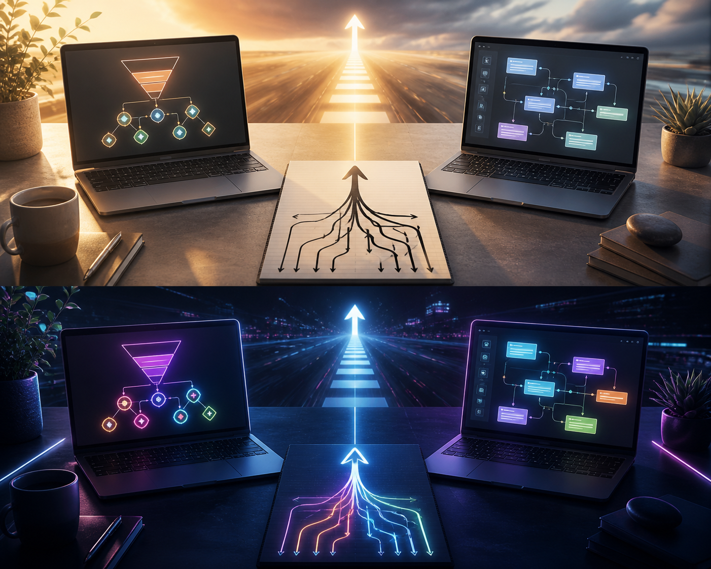 GoHighLevel vs ClickFunnels for affiliate marketing funnels 2026 — A forward-looking overhead scene of a strategist's workspace showing two open laptops side by side on a clean desk — ...