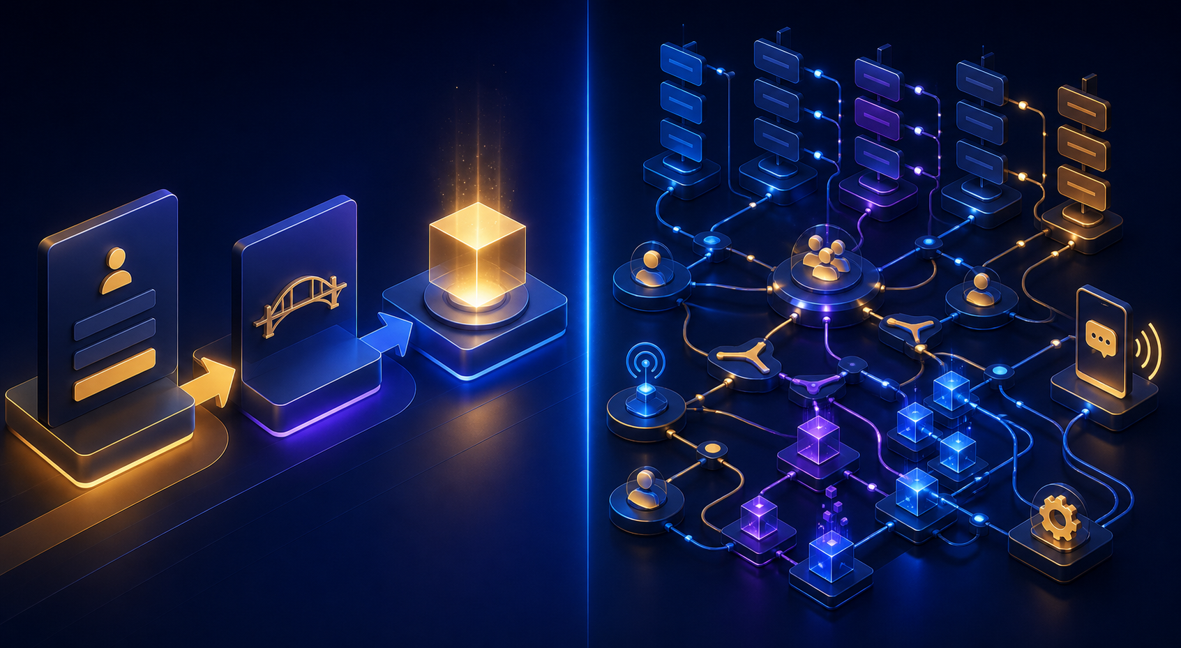 GoHighLevel vs ClickFunnels for affiliate funnel building — A dramatic split-screen composition showing two distinct funnel architectures side by side — on the left, a streamlin...