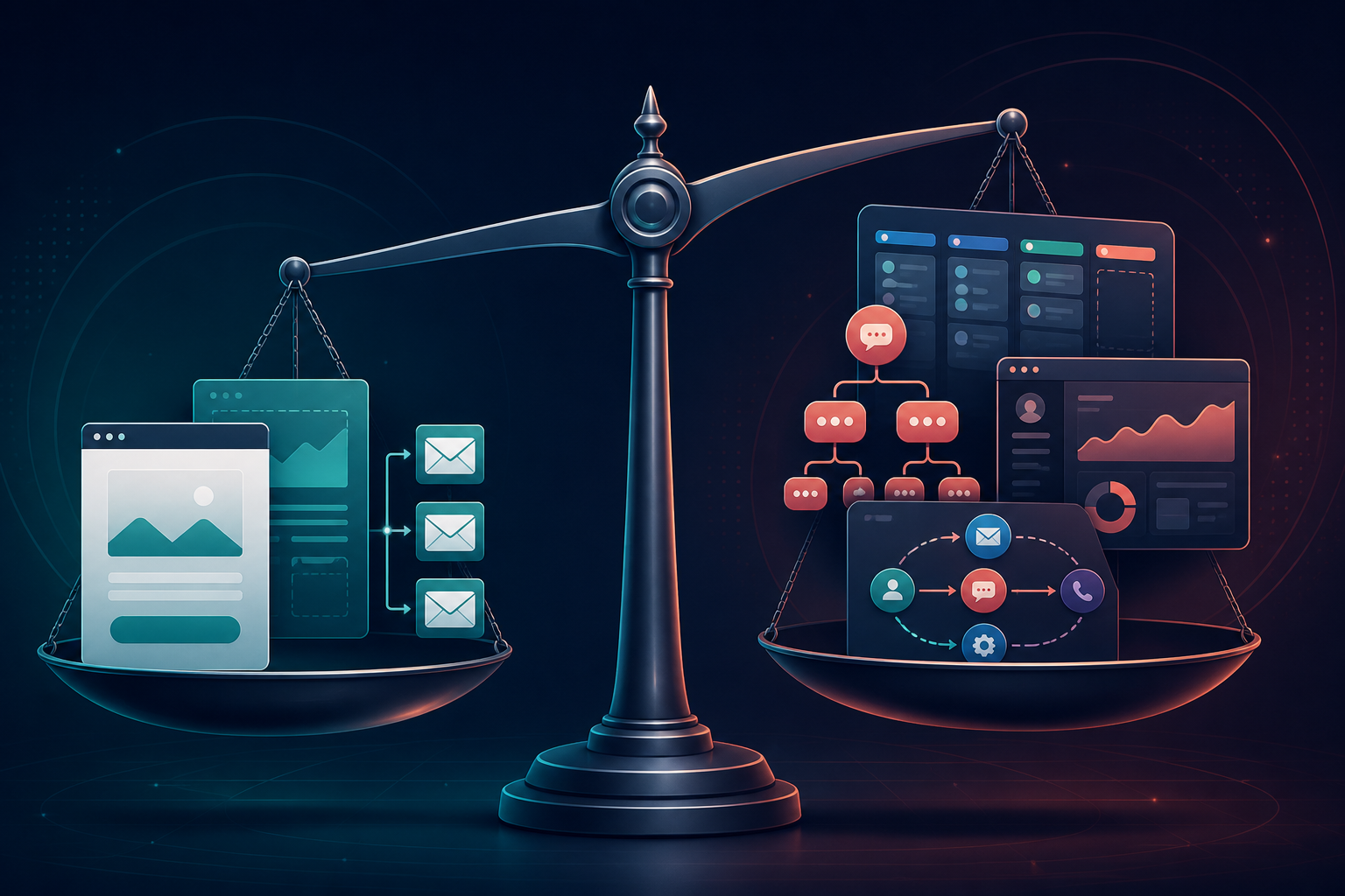 GoHighLevel vs ClickFunnels for affiliate funnel building — A side-by-side visual comparison chart rendered as a physical scale or balance — on the left pan, icons representing ...