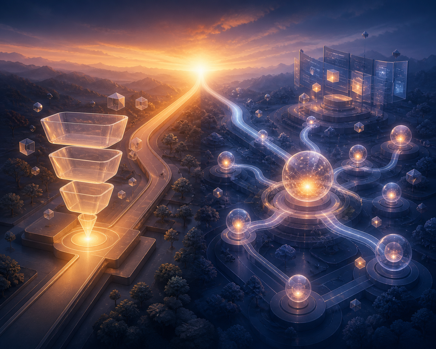 GoHighLevel vs ClickFunnels for affiliate funnel building — A wide-angle aerial view of two distinct paths diverging from a single starting point — one path leads to a sleek, mi...