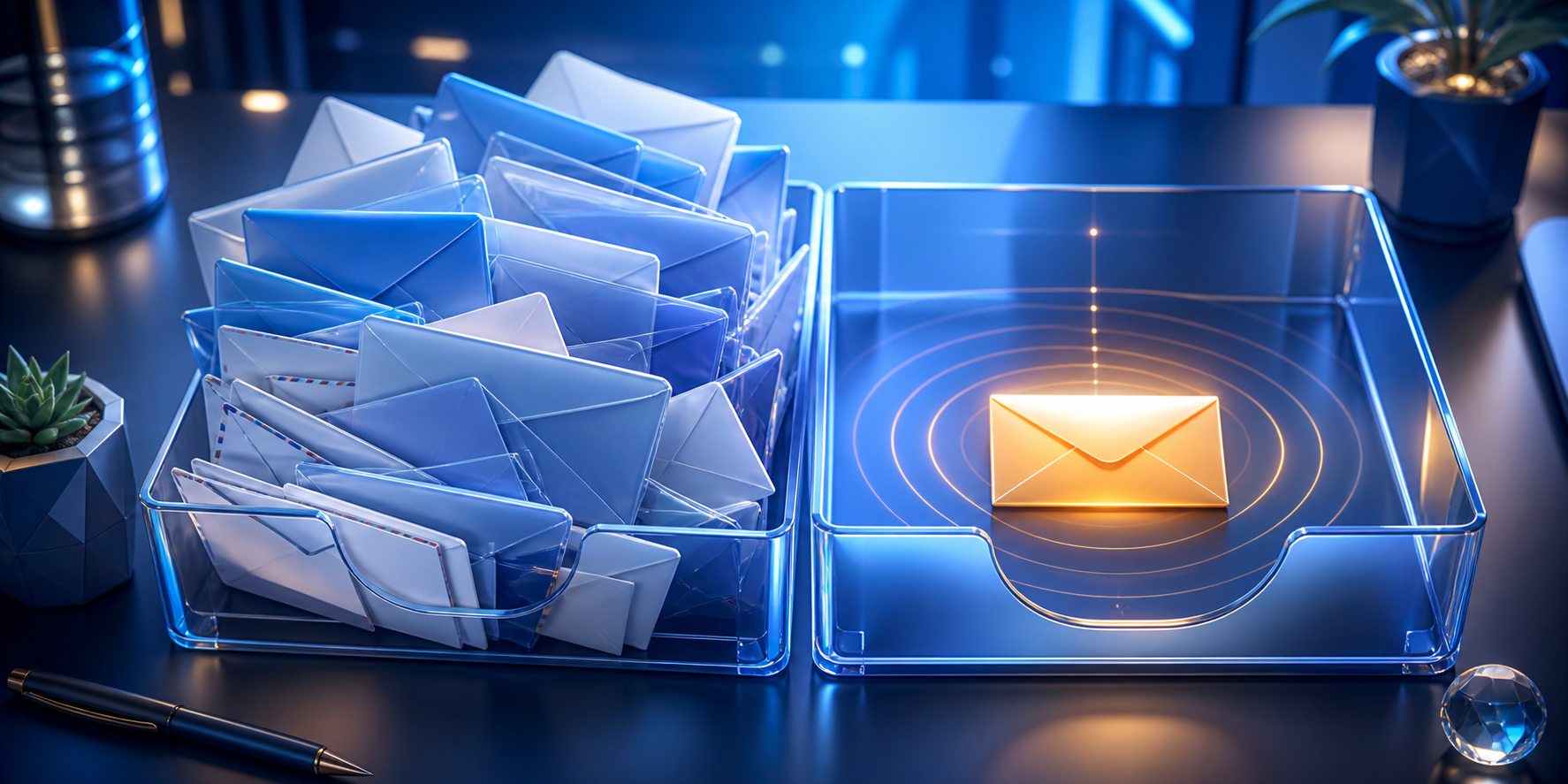 best email autoresponders for affiliate marketers with high deliverability in 2026 — A close-up overhead shot of a physical inbox tray overflowing with envelopes on one side and nearly empty on the othe...