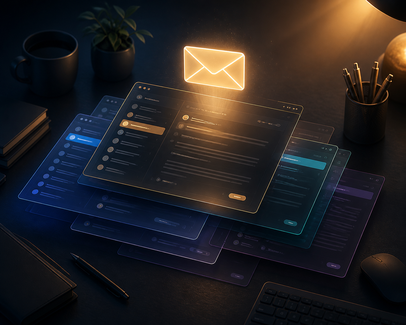 best email autoresponders for affiliate marketers with high deliverability in 2026 — A wide-angle birds-eye view of a clean desk workspace showing a layered stack of semi-transparent platform interface ...