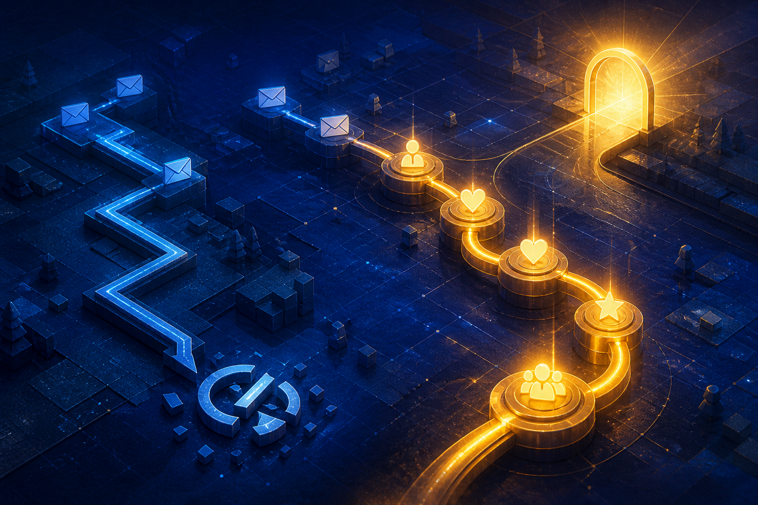 email welcome sequence for affiliate offers that builds trust before the pitch — A wide-angle visual of two diverging email funnel paths rendered as glowing pipelines—one path is short and abrupt, e...