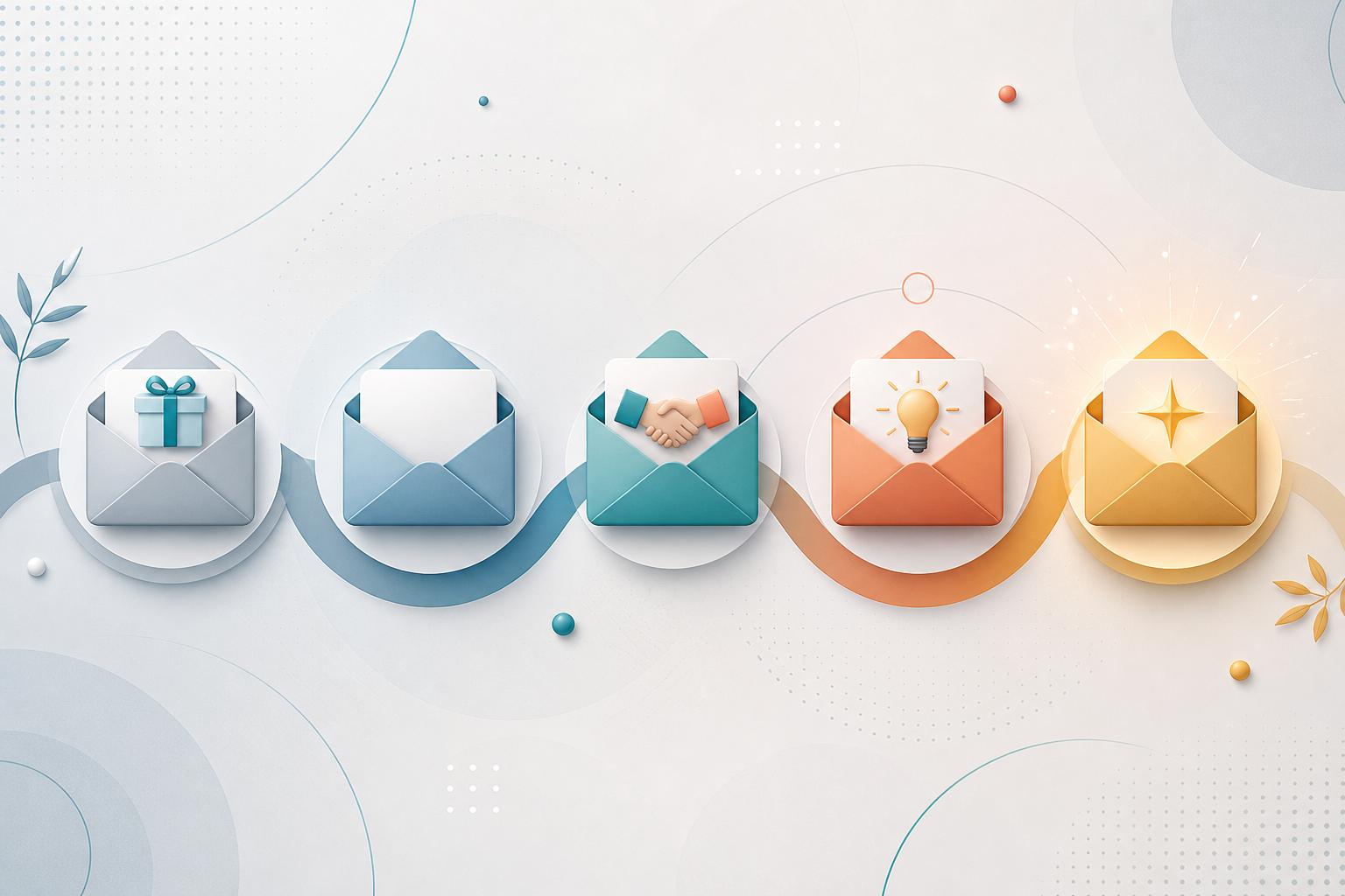 email welcome sequence for affiliate offers that builds trust before the pitch — A top-down process diagram showing five sequential email envelope icons connected by a flowing curved path, each enve...