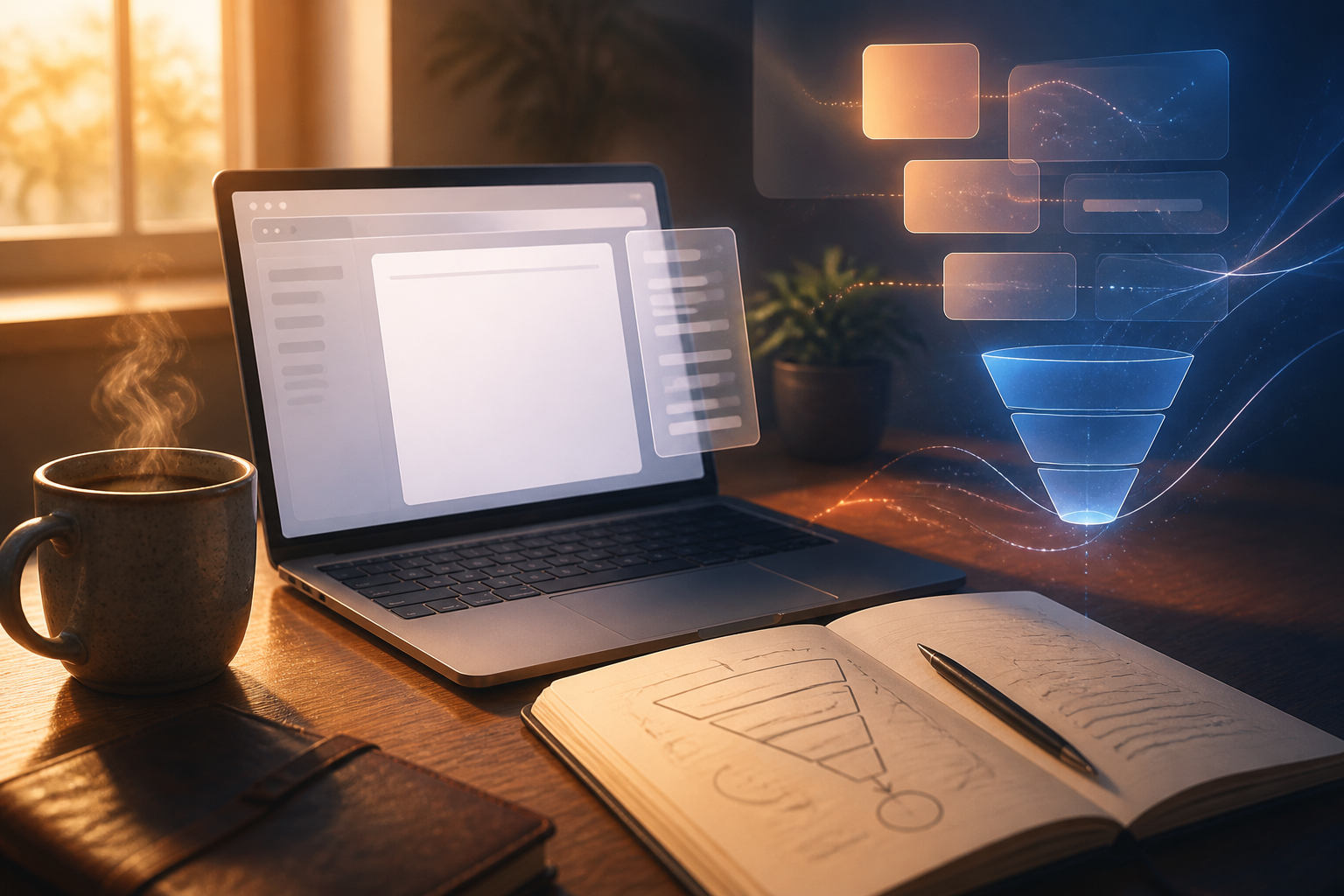 email welcome sequence for affiliate offers that builds trust before the pitch — A close-up, warmly lit scene of a wooden desk with a simple open laptop displaying a clean email composer interface, ...