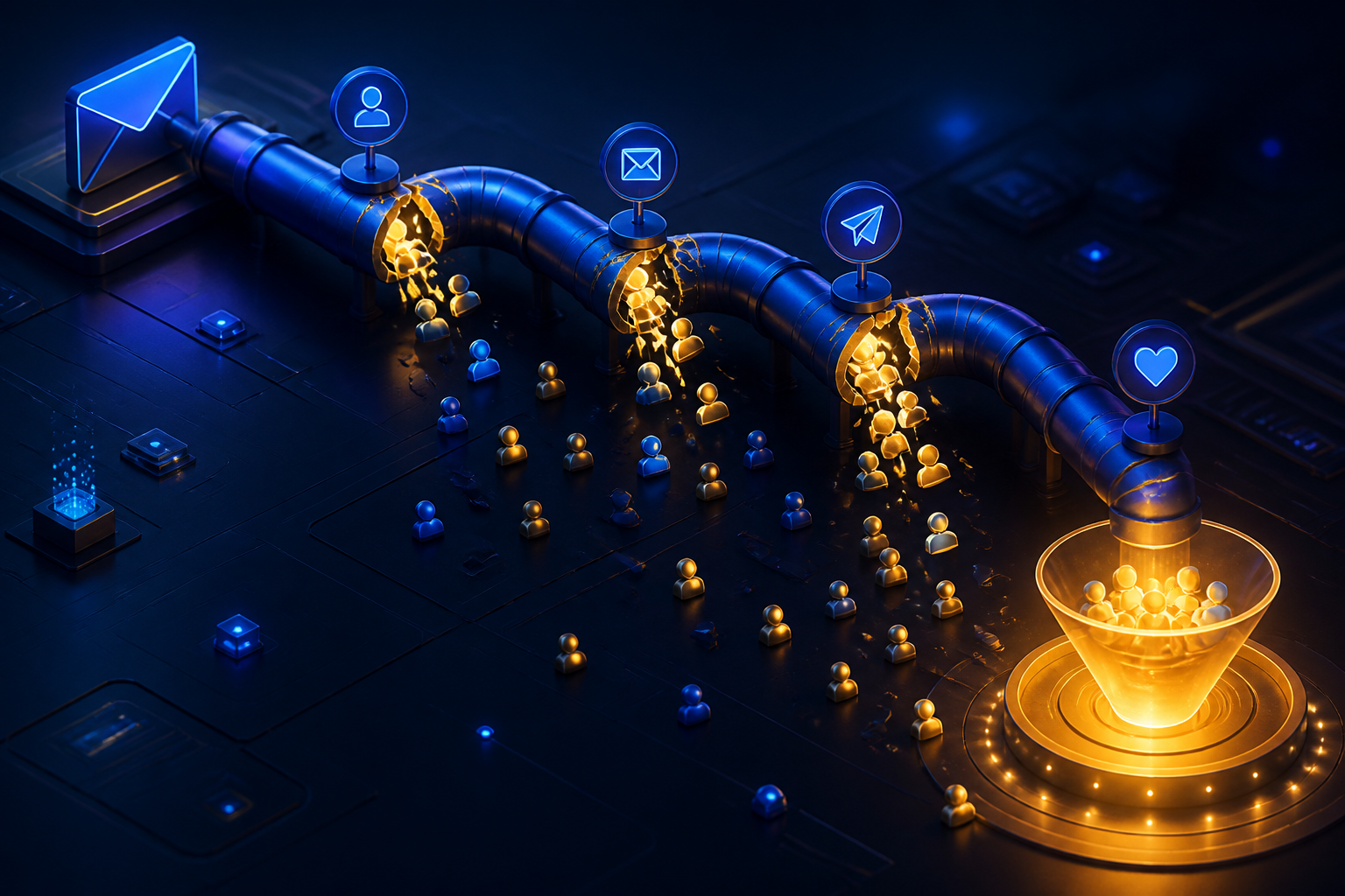 email welcome sequence automation for affiliate product launches — A wide-angle overhead view of a cracked email funnel diagram—visualized as a physical pipeline broken in three places...