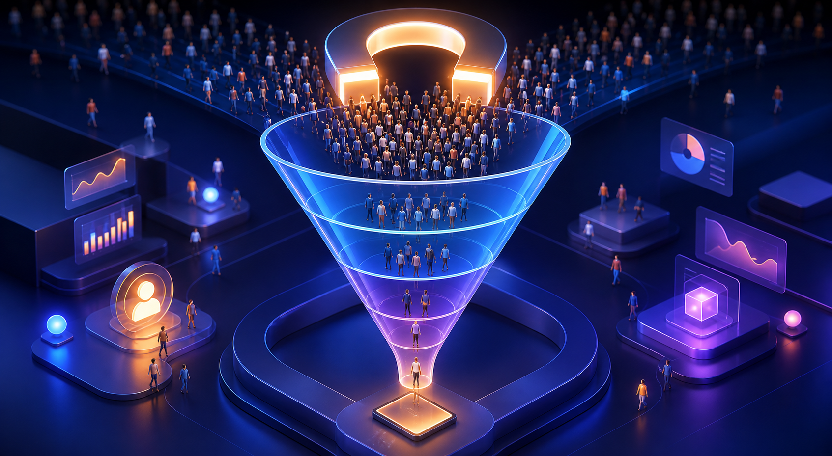 email follow-up sequence for digital product upsells after free lead magnet opt-in — A wide-angle illustration showing a funnel viewed from above, with a stream of small human figures entering at the to...