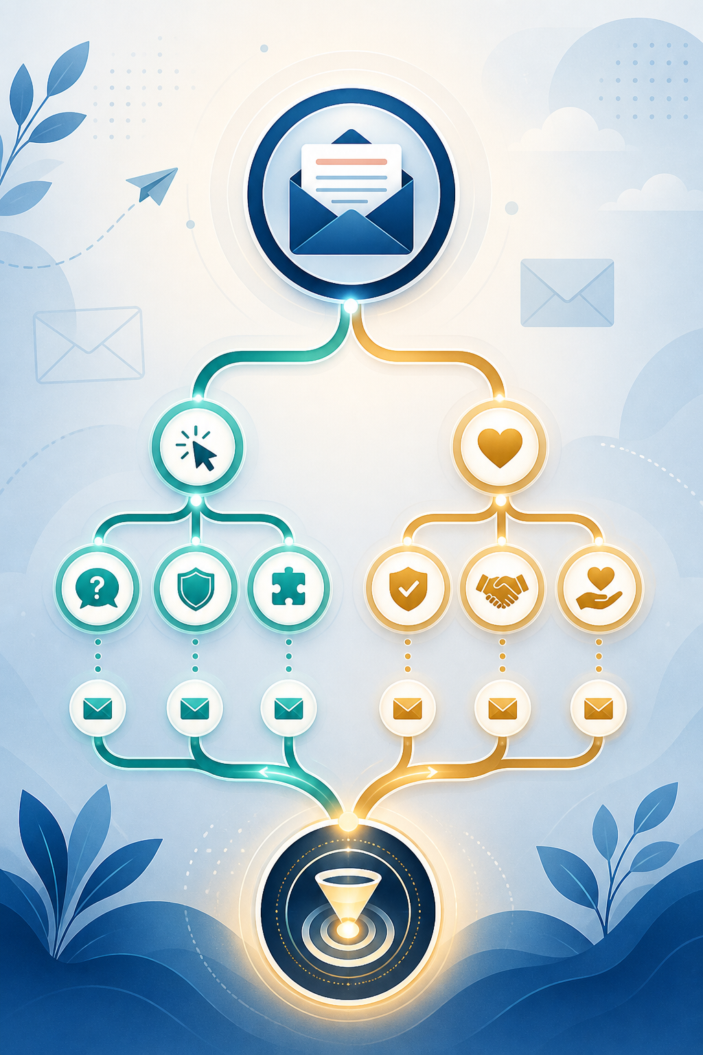 email welcome sequence automation for affiliate product launches — A mid-shot process diagram showing a branching email automation flow—visualized as two diverging paths from a central...