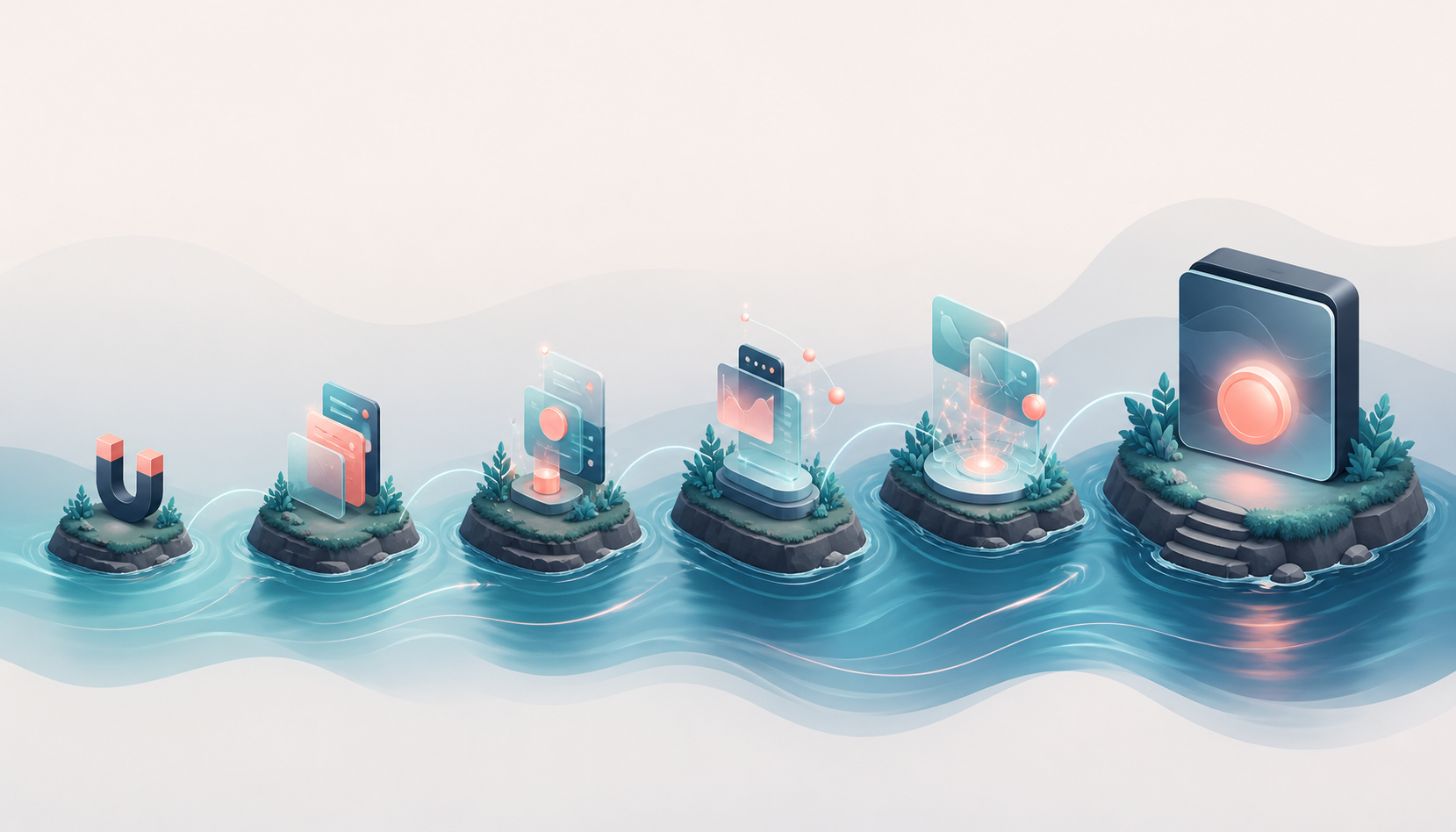 email follow-up sequence for digital product upsells after free lead magnet opt-in — A horizontal timeline diagram depicted as a visual river flowing left to right, with six distinct islands or stepping...