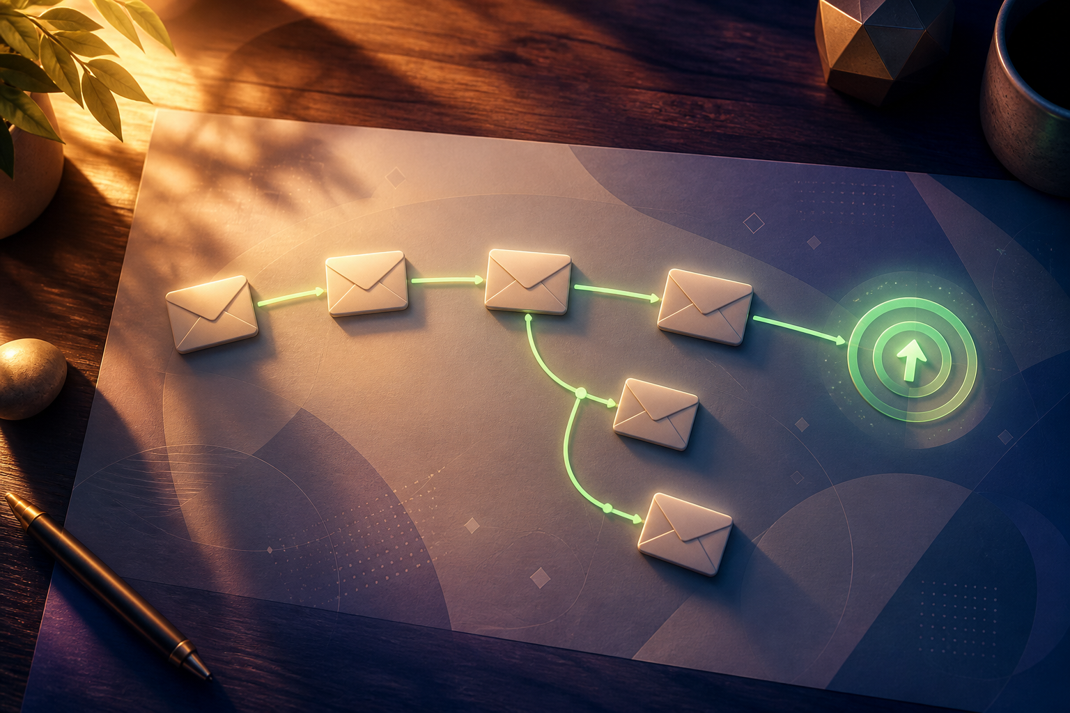 email welcome sequence automation for affiliate product launches — A close-up top-down view of a clean email sequence roadmap laid out as a physical flowchart on a wooden desk—five seq...
