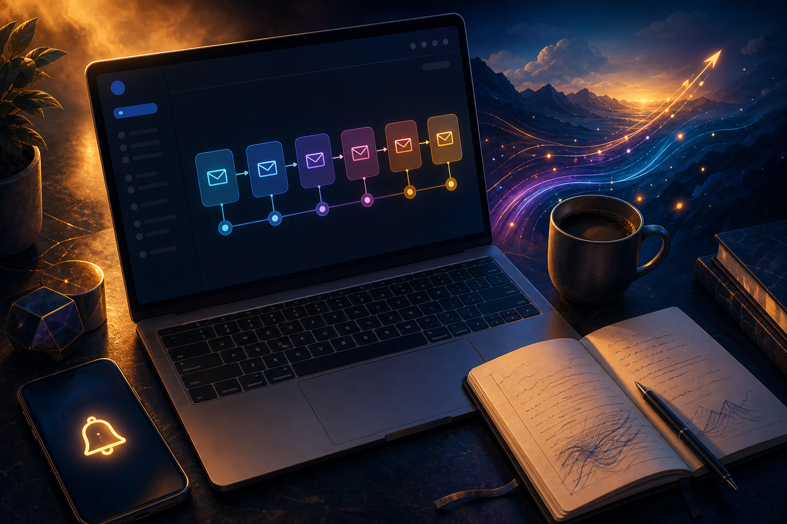 email follow-up sequence for digital product upsells after free lead magnet opt-in — A close-up, overhead view of a marketer's desk showing an open laptop displaying a clean email dashboard with a simpl...